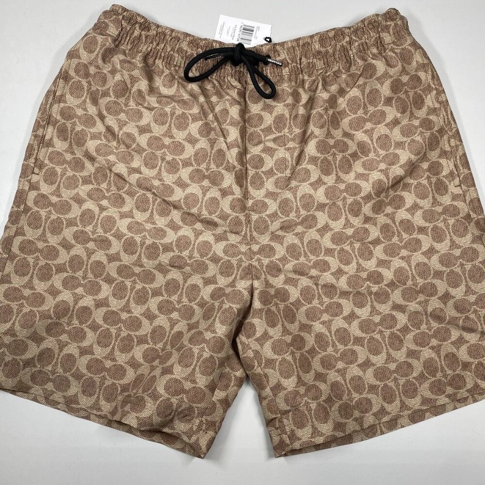NEW COACH Signature Logo Swim Shorts • Size S • Tan • Mesh-Lined Trunks